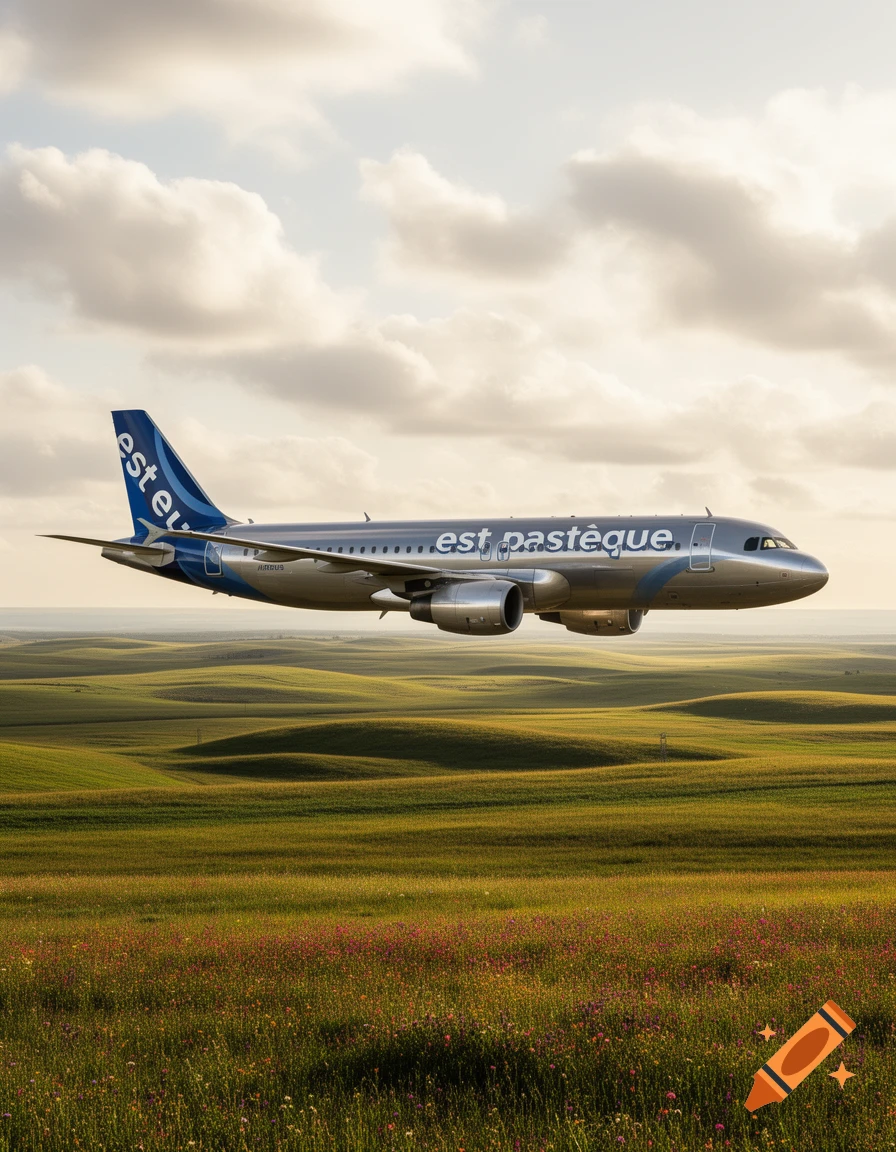 A silver and blue Airbus airplane flies low over a vast, rolling green and yellow field under a cloudy sky, with "est pastèque" written on its side. Photorealistic style.