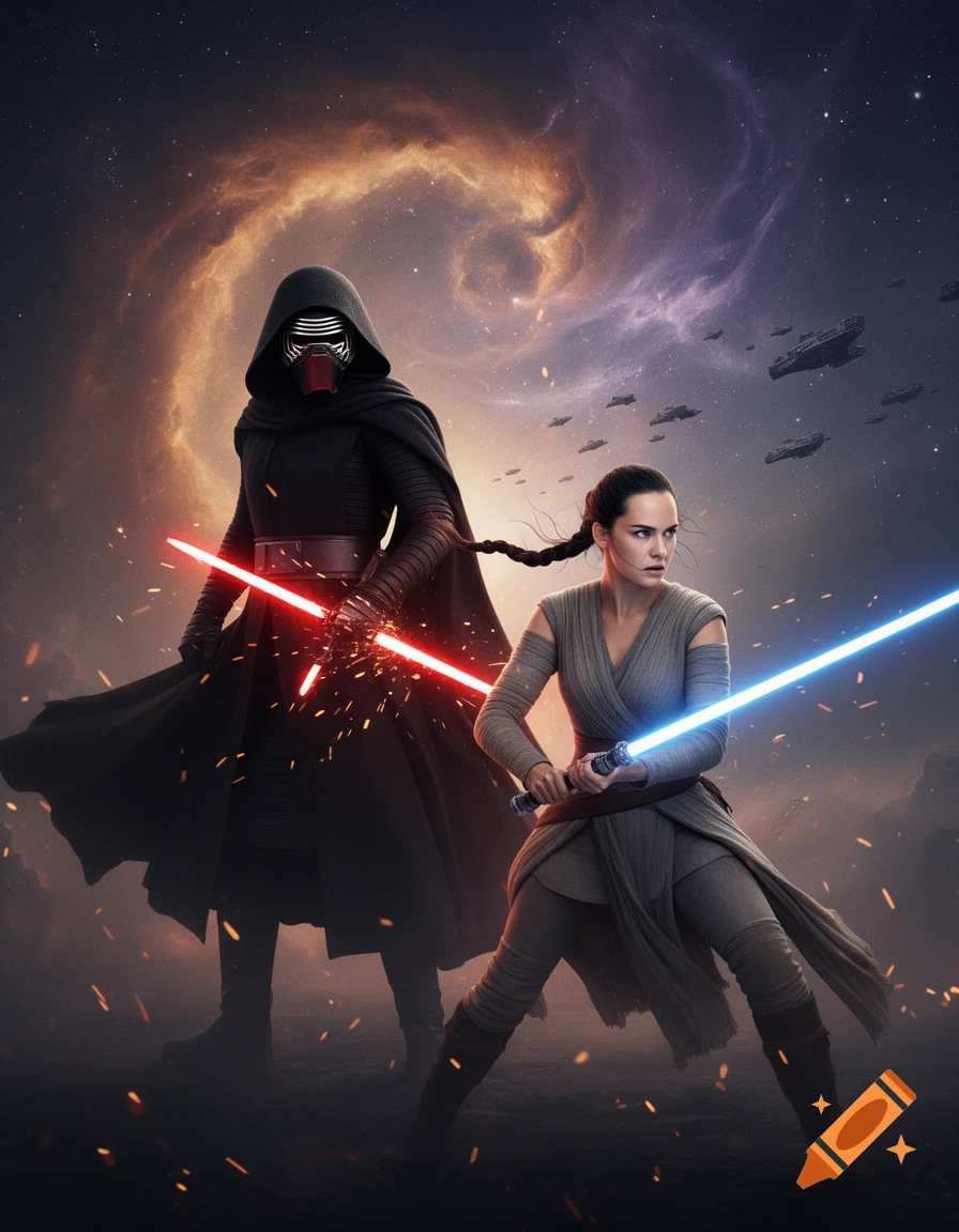 Kylo Ren and Rey with lightsabers stand against a cosmic background with starships in an epic movie poster style.