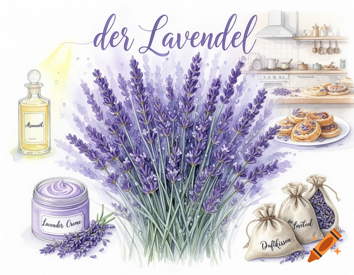 A watercolor illustration of a large lavender bouquet with essential oil, lavender cream, sachets, and lavender buns in a kitchen background.