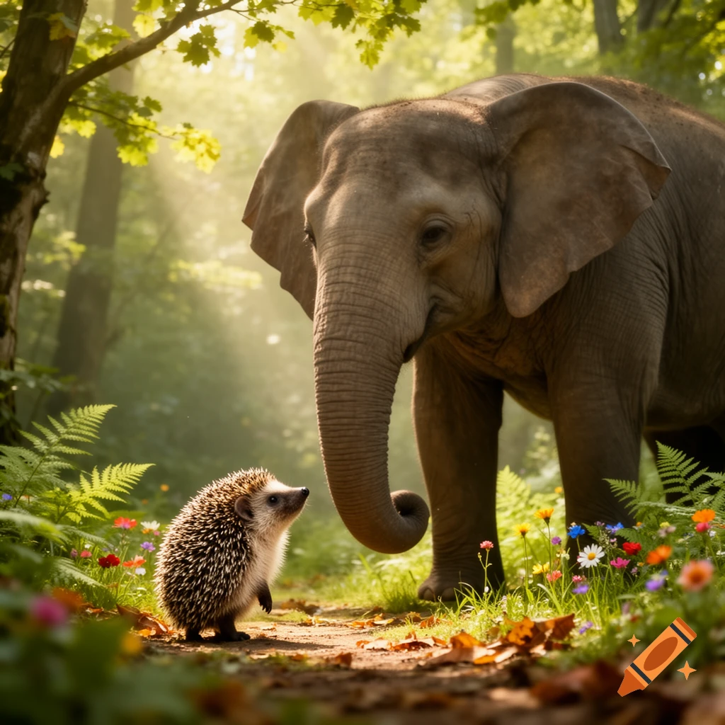 A small hedgehog stands on a sunlit forest path, looking up at a large elephant. Lush trees and colorful wildflowers surround them.