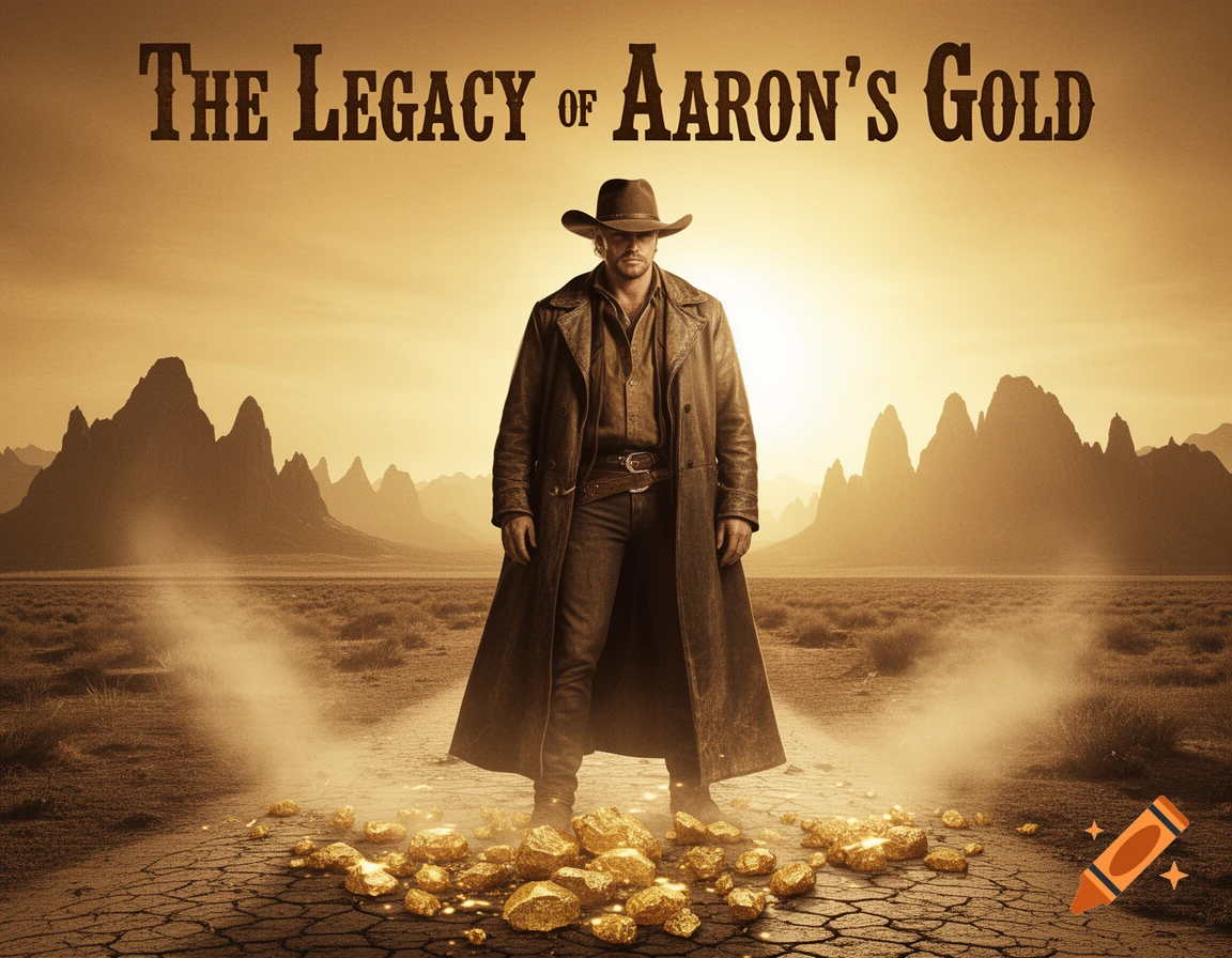 A cowboy in a duster coat and hat stands amidst gold nuggets on cracked desert ground with distant mountains under a sepia sky. Text reads 'The Legacy of Aaron's Gold'.