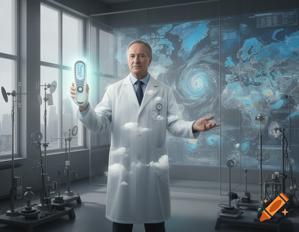 A distinguished male scientist in a white lab coat holds a glowing, futuristic device in a high-tech laboratory with large windows and a global weather map display.