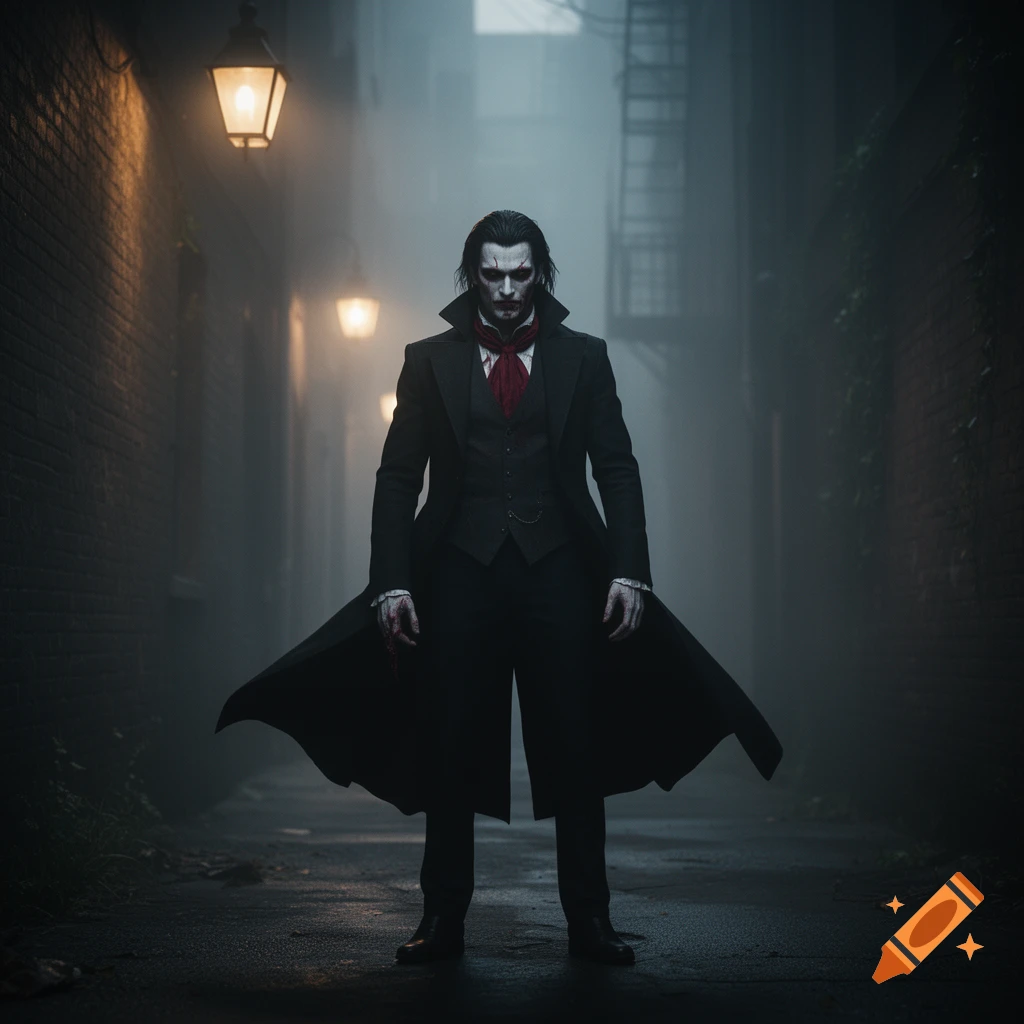 A vampire-like man in a black suit and long coat with white skin and red eyes stands in a foggy, lamp-lit alley.