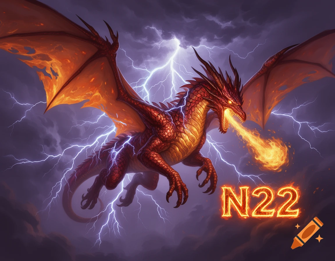 A powerful red dragon with fiery wings breathes fire as lightning strikes a stormy sky, with fiery 'N22' text.