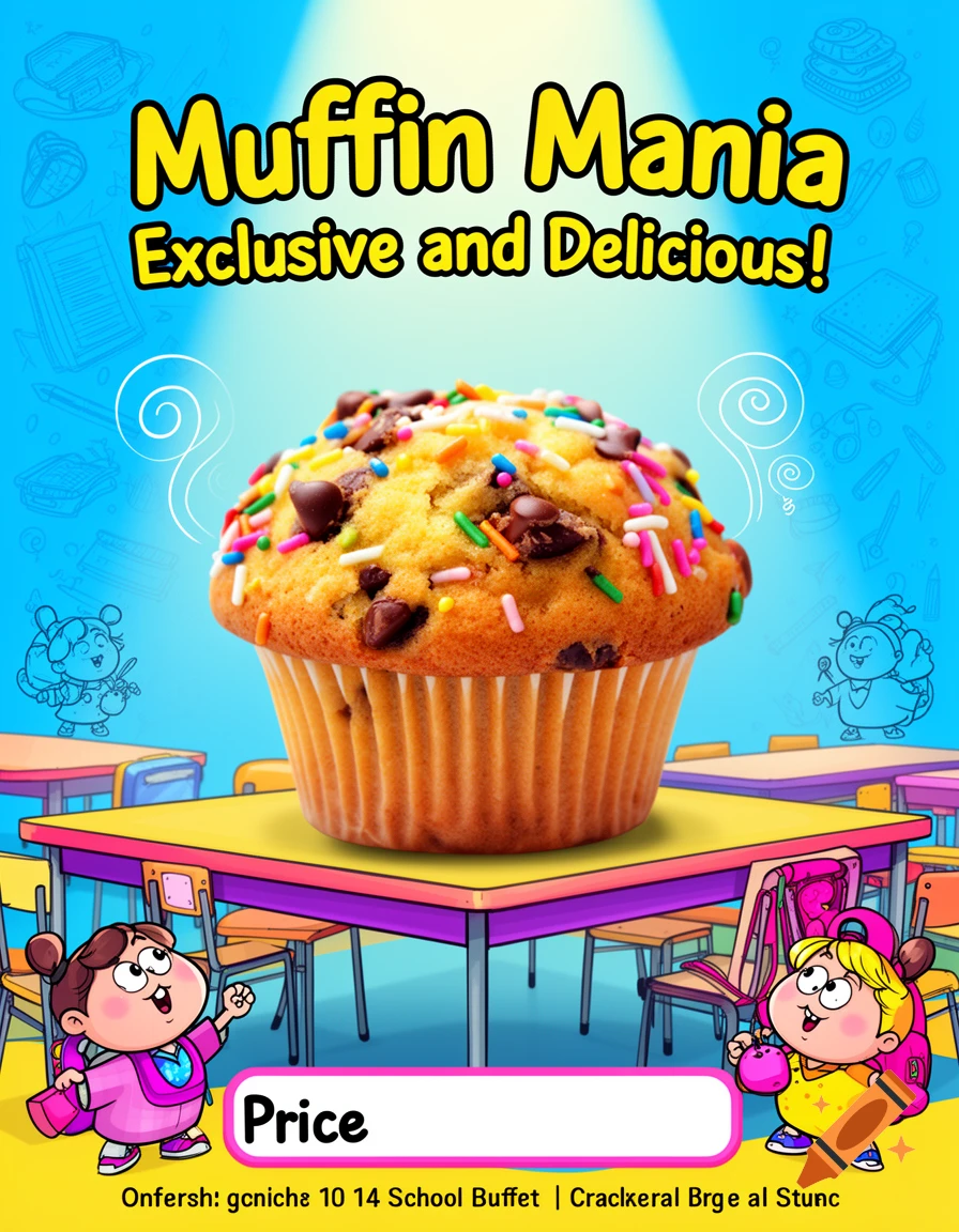 A cartoon advertisement poster for "Muffin Mania" featuring a large, sprinkled chocolate chip muffin on a yellow table in a classroom. Two cheerful cartoon children are looking up at the muffin, and the text "Exclusive and Delicious!" appears above. There is a "Price" label with an empty space and some garbled text at the bottom.