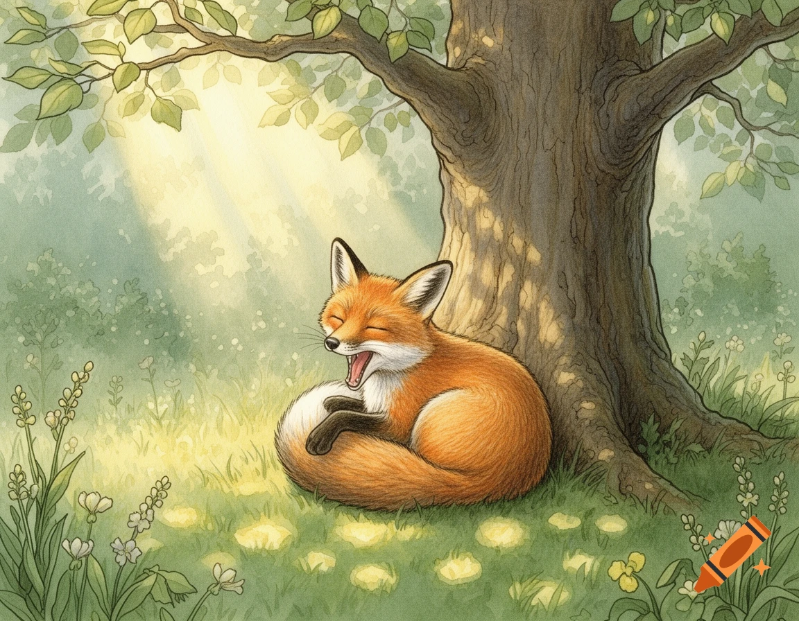 A stylized fox curled up and yawning at the base of a tree in a sun-dappled forest, in the style of Beatrix Potter.