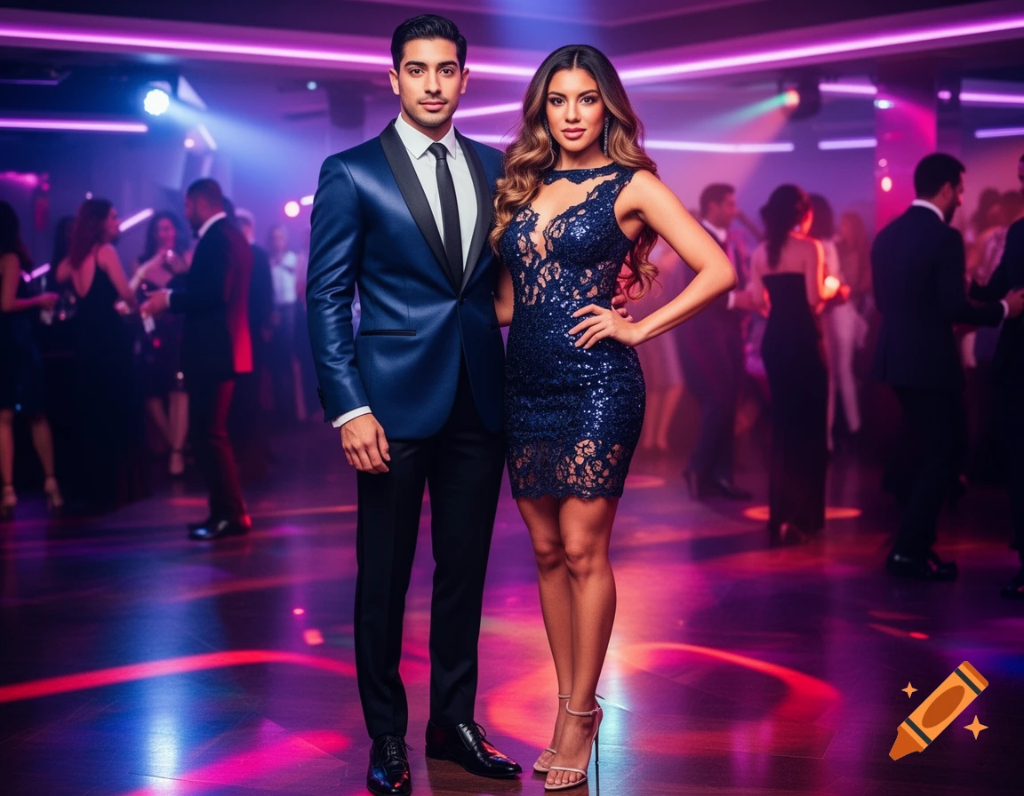 An attractive Latin couple in formal party attire posing in a vibrant nightclub with purple and red lighting.