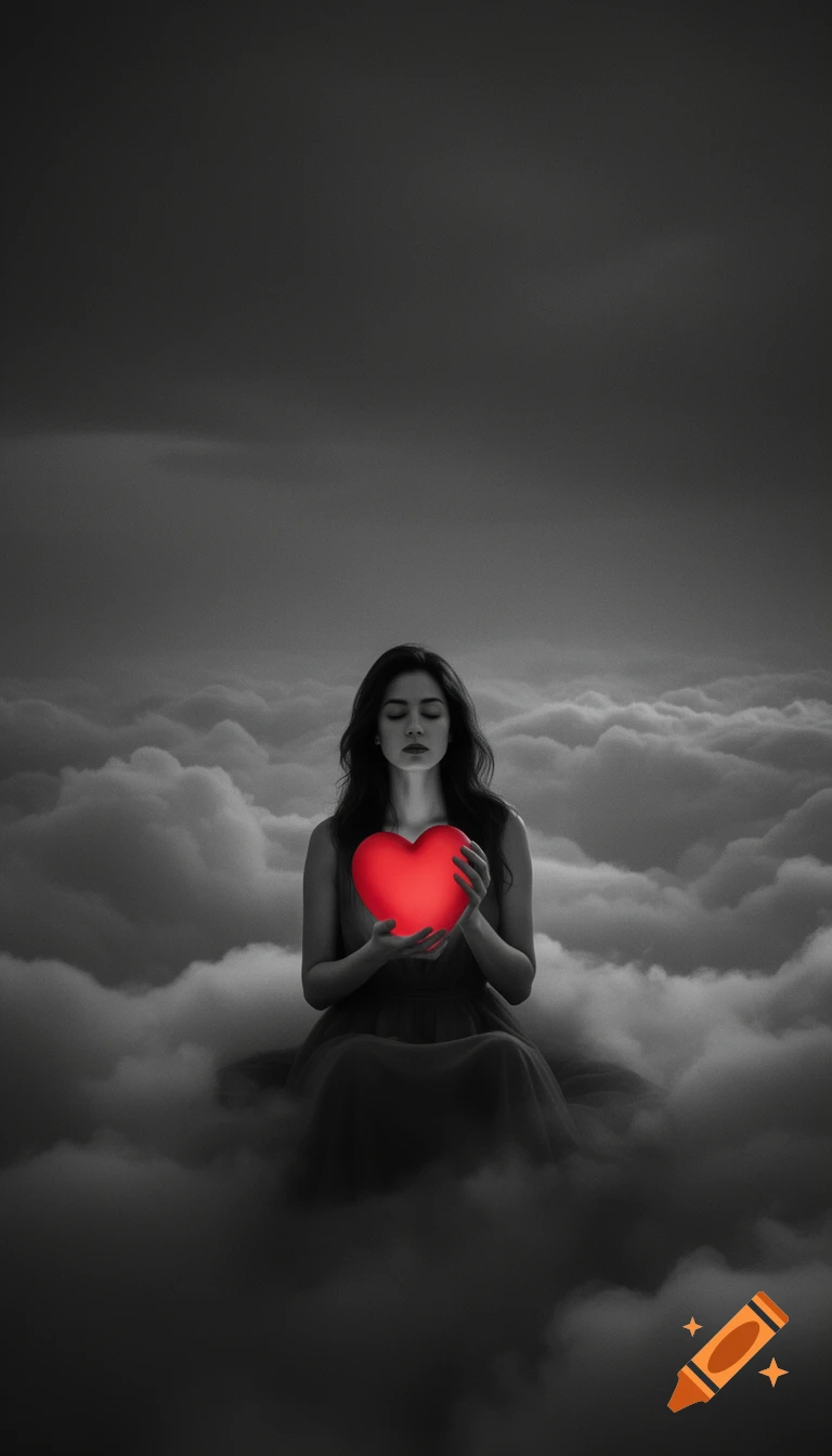 Grayscale image of a woman with closed eyes, sitting amongst clouds, holding a glowing red heart, the only colored element.