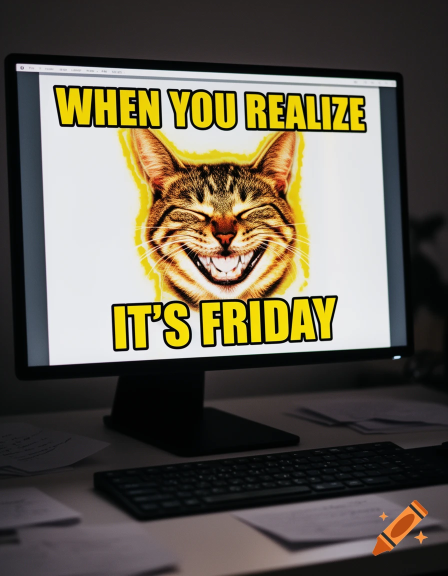A computer monitor displays a meme of a grinning cat with human-like teeth and the text 'WHEN YOU REALIZE IT'S FRIDAY'.