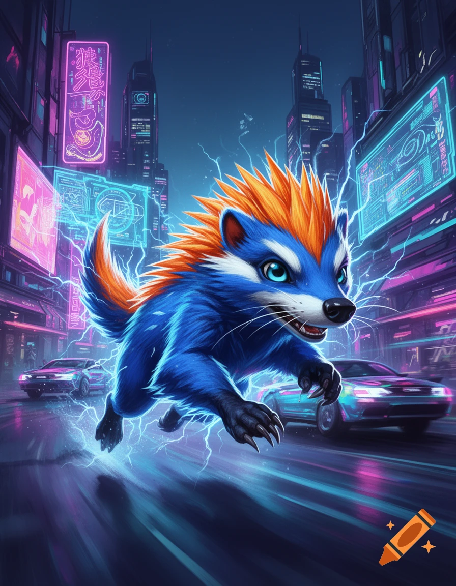 A vibrant blue and orange tenrec-like creature leaps through a neon-lit cyberpunk city street with electric streaks.