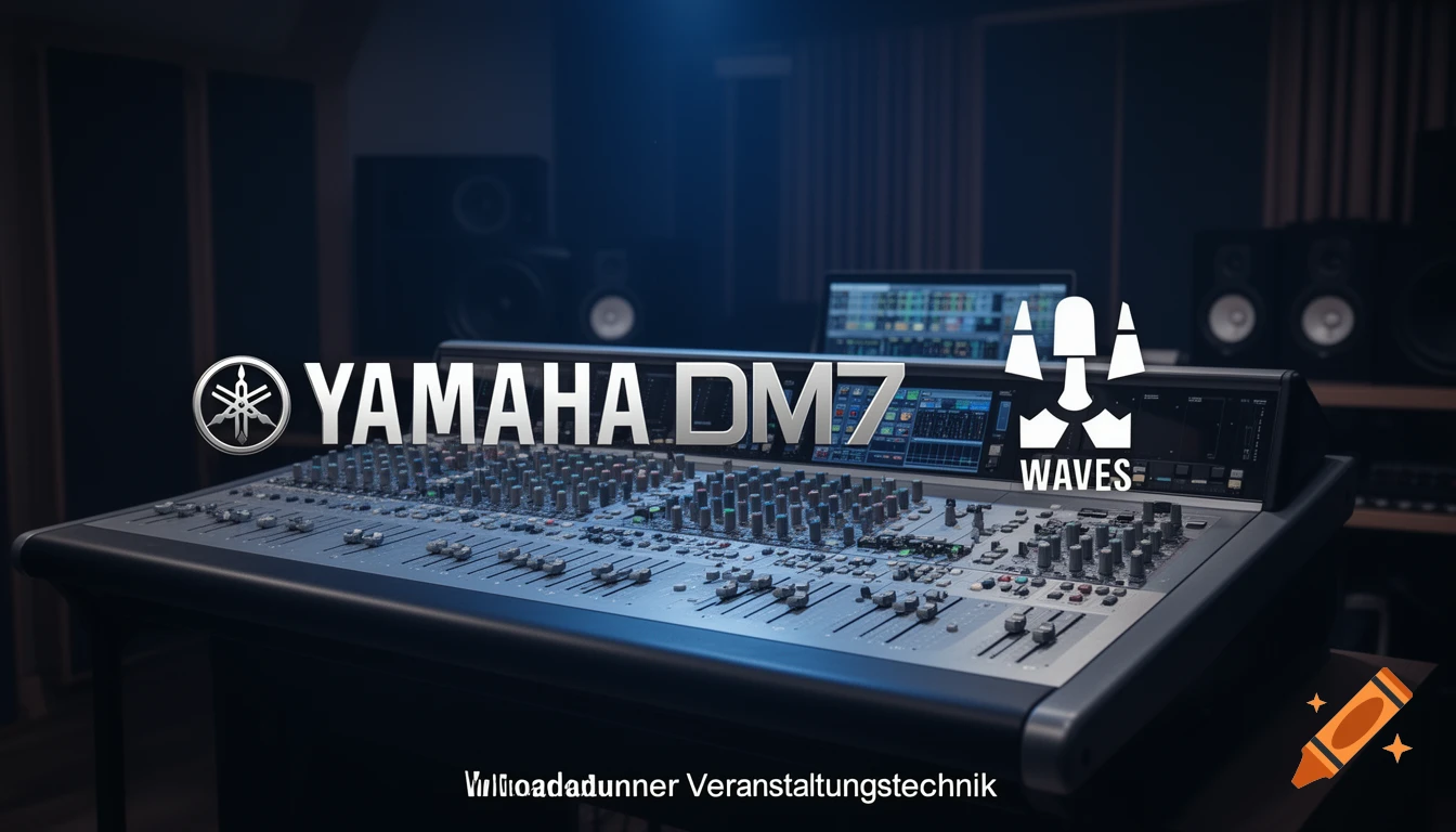 A Yamaha DM7 sound mixing console with 'YAMAHA DM7' and 'WAVES' logos, and 'Vulioladadunner Veranstaltungstechnik' text in a recording studio.