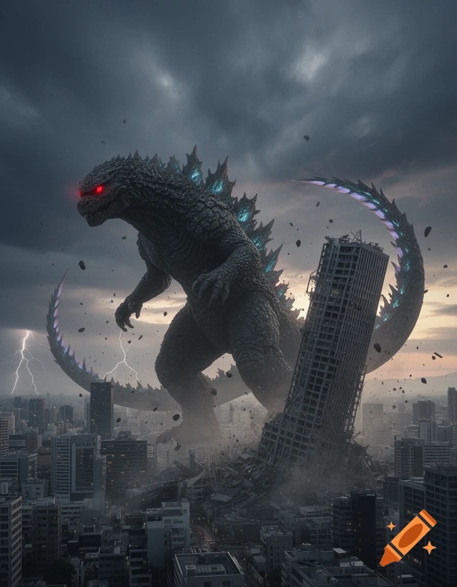 A photorealistic giant dark monster with glowing red eyes and blue dorsal fins destroying a city under a stormy sky with lightning.