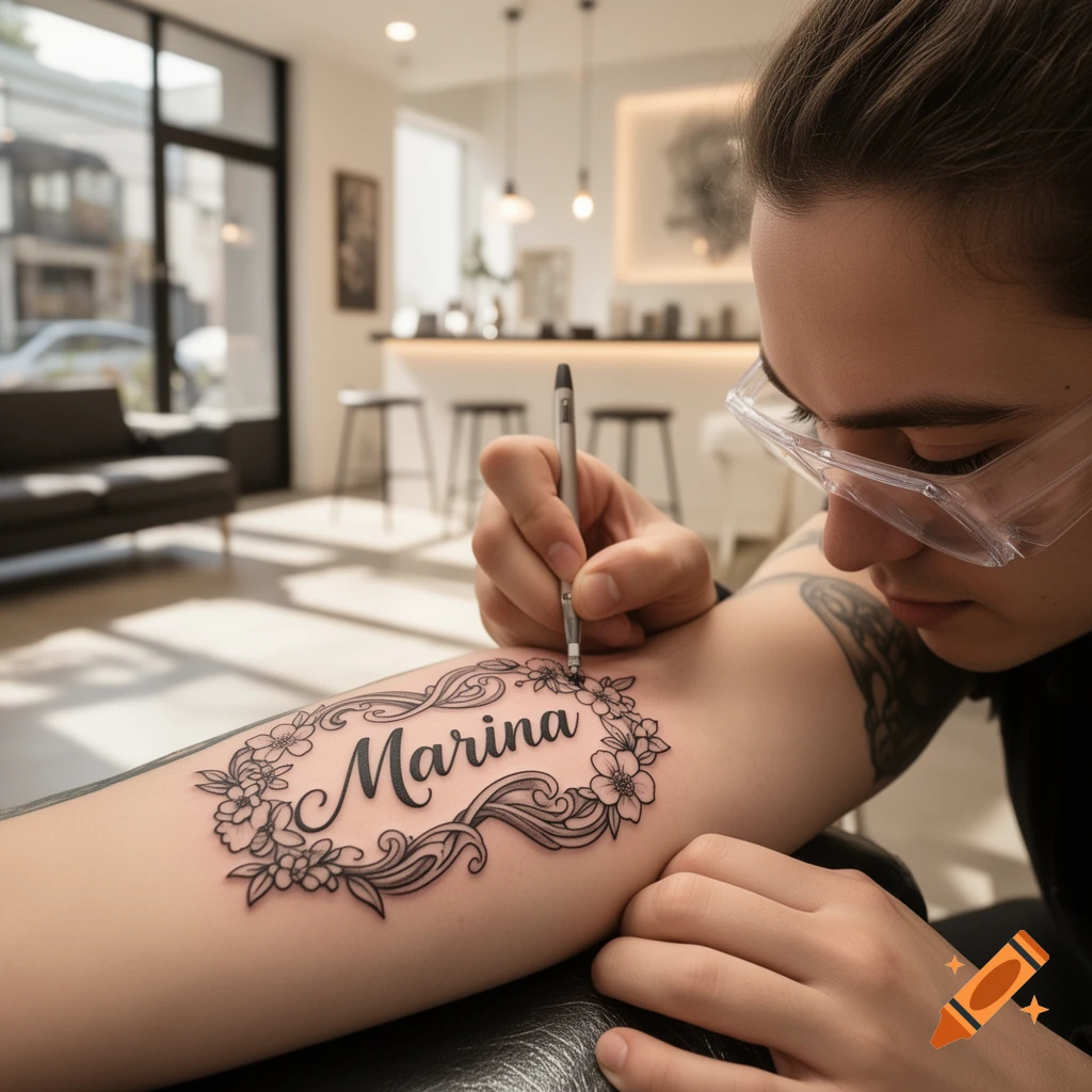 A close-up, photorealistic image of a tattoo artist in safety glasses tattooing the name "Marina" surrounded by flowers on an arm.
