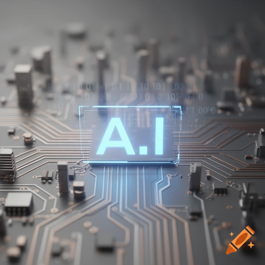 A glowing blue "A.I" text is displayed holographically over a detailed circuit board, representing artificial intelligence technology.