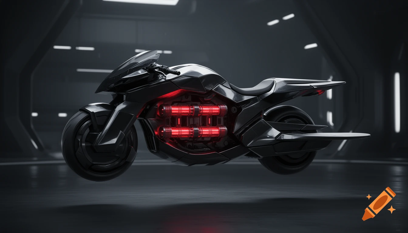 A sleek, dark, futuristic hoverbike with glowing red fusion reactors, floating in a sci-fi setting.