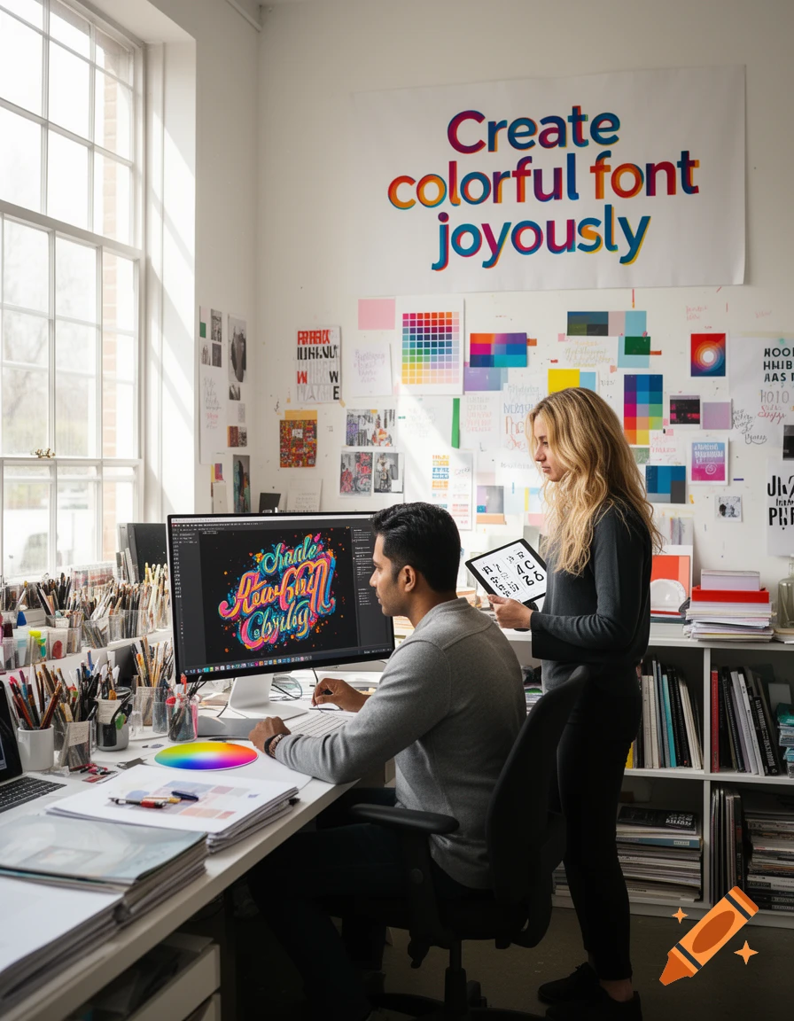 A man and a woman collaborate on graphic design in a brightly lit office, with colorful text art on a monitor and wall.