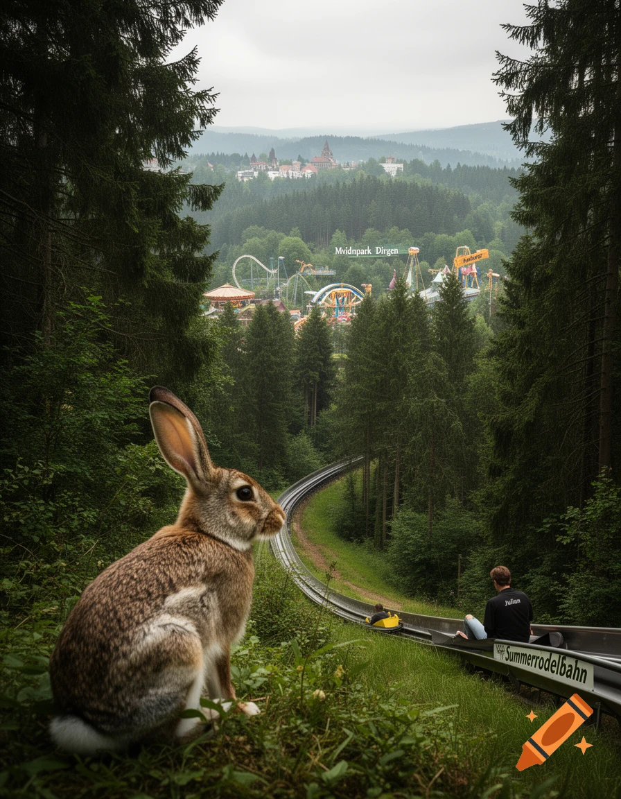 A close-up of a rabbit in a forest, looking towards a winding summer toboggan run with a person riding. In the background, an amusement park and town are visible on a misty day.
