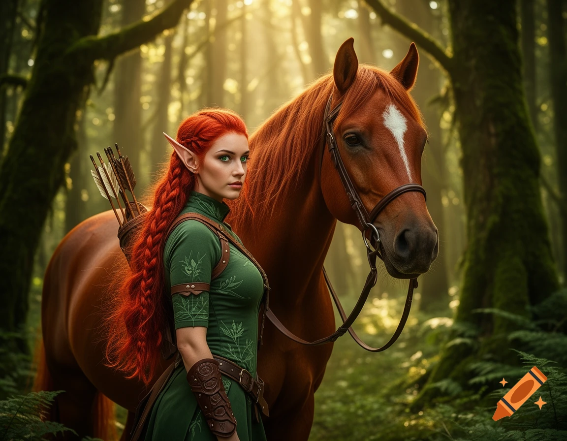 A red-haired female wood elf ranger in green stands beside a brown horse in a mystical, sunlit forest.