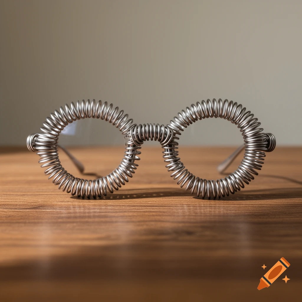 A pair of round-framed glasses made from silver Slinky toys rests on a wooden table.