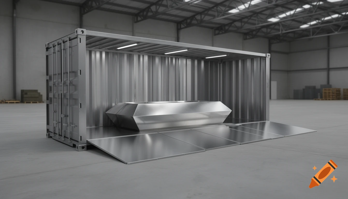 A metallic shipping container with an open side and a metal basin inside, set in a large, empty warehouse.