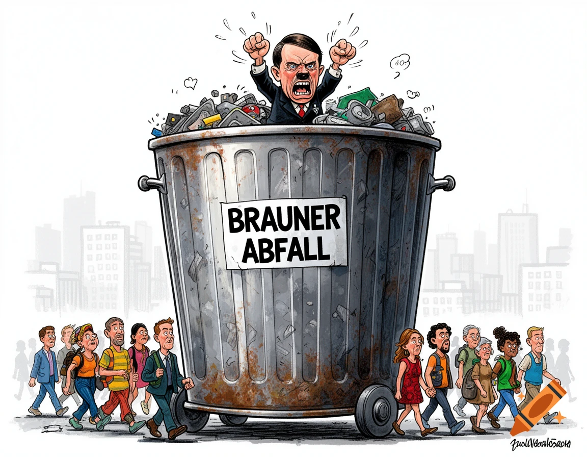 Political cartoon of a tiny, angry Adolf Hitler figure emerging from a trash can labeled 'Brauner Abfall' as people walk past, ignoring him.