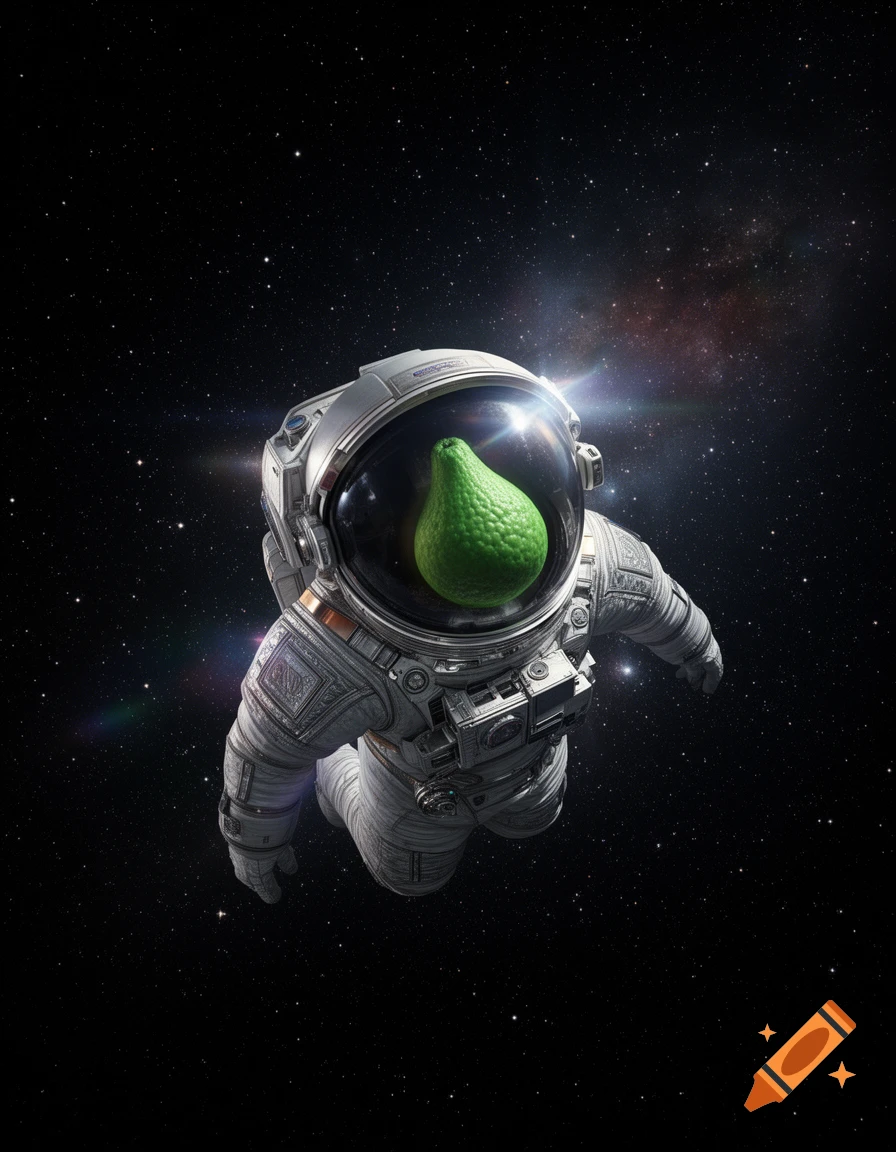 A photorealistic astronaut in a detailed suit floats in deep space, with a textured green, pear-like object in their helmet.
