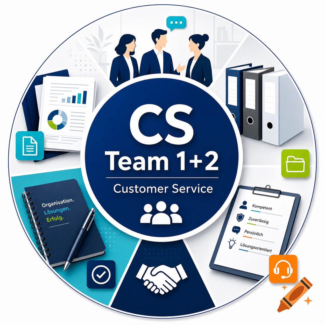 A corporate design illustration for 'CS Team 1+2 Customer Service' with a circular composition, featuring business icons like people, documents, folders, a notebook, handshake, and a clipboard with German text.