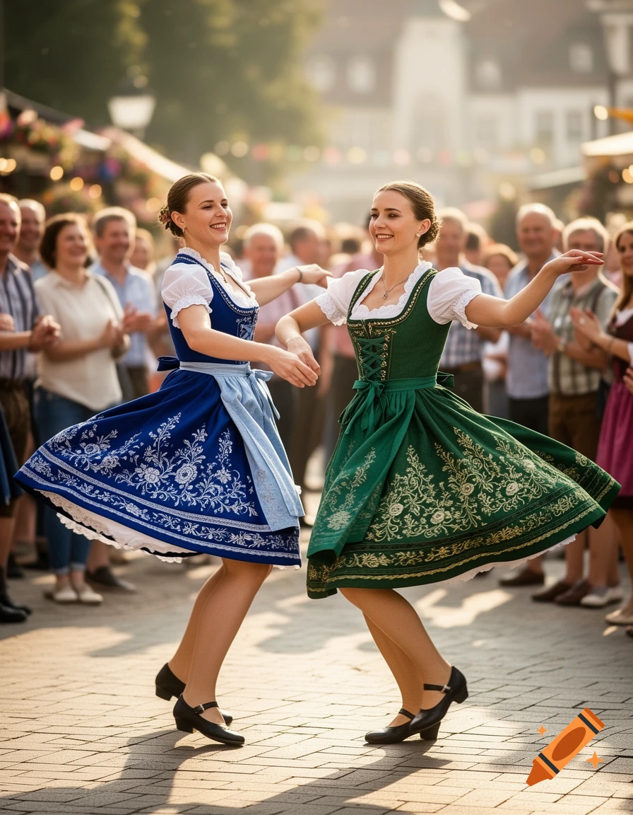 Two smiling women in traditional blue and green dirndl dresses dance outdoors at a festival, twirling their skirts as a crowd watches.