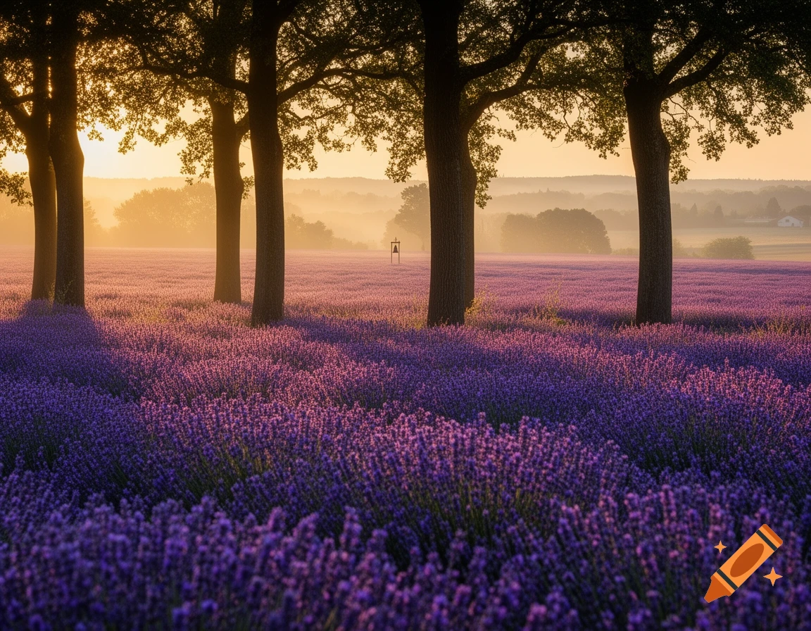 Vibrant lavender field at sunrise with silhouetted trees against a golden sky, stretching into the misty distance.