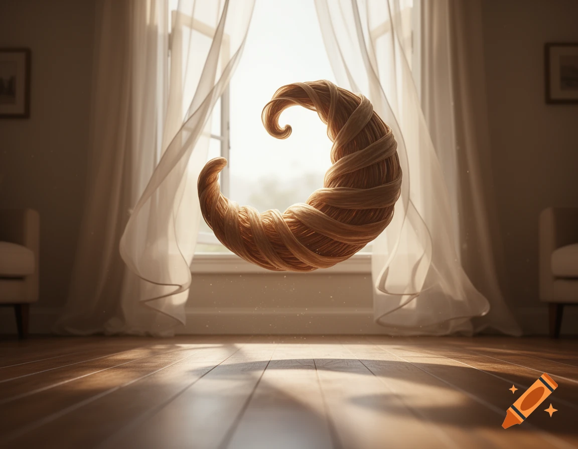 A golden, croissant-like shape made of woven strands floats in a sunlit room with sheer curtains by a window.