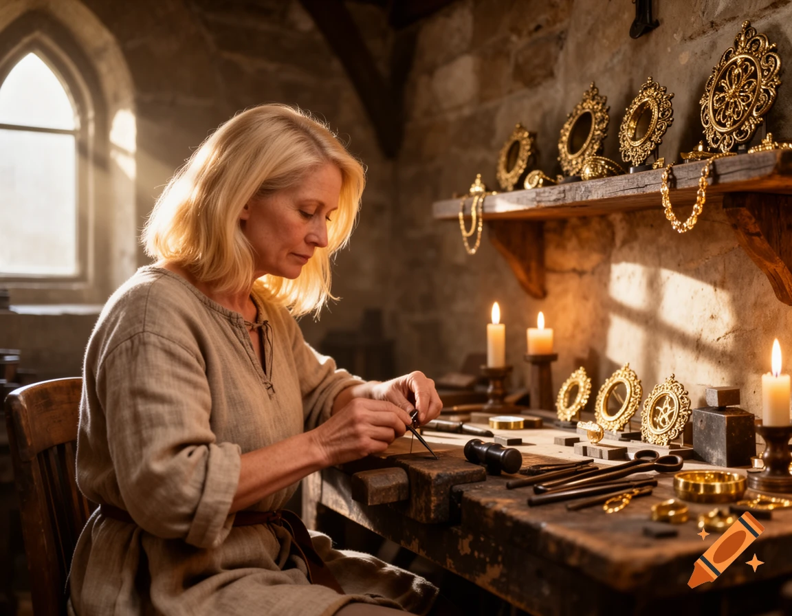 A blonde woman in medieval attire works as a goldsmith at a wooden bench, surrounded by tools and golden jewelry in a sunlit workshop.
