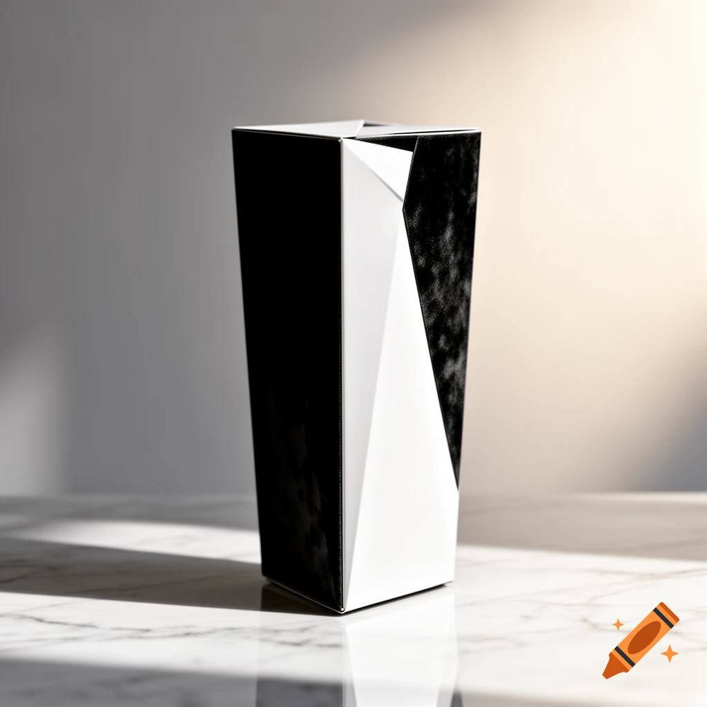 A tall, faceted black and white geometric object with a textured side sits on a reflective marble surface.