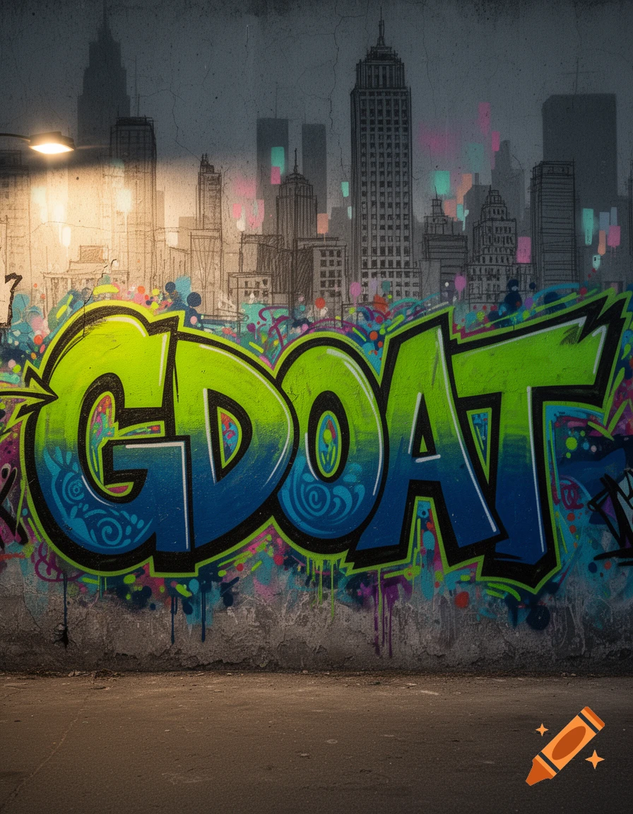 Graffiti art spelling 'GDOAT' in blue and green on a concrete wall, with a sketched city skyline in the background, illuminated by a street light.