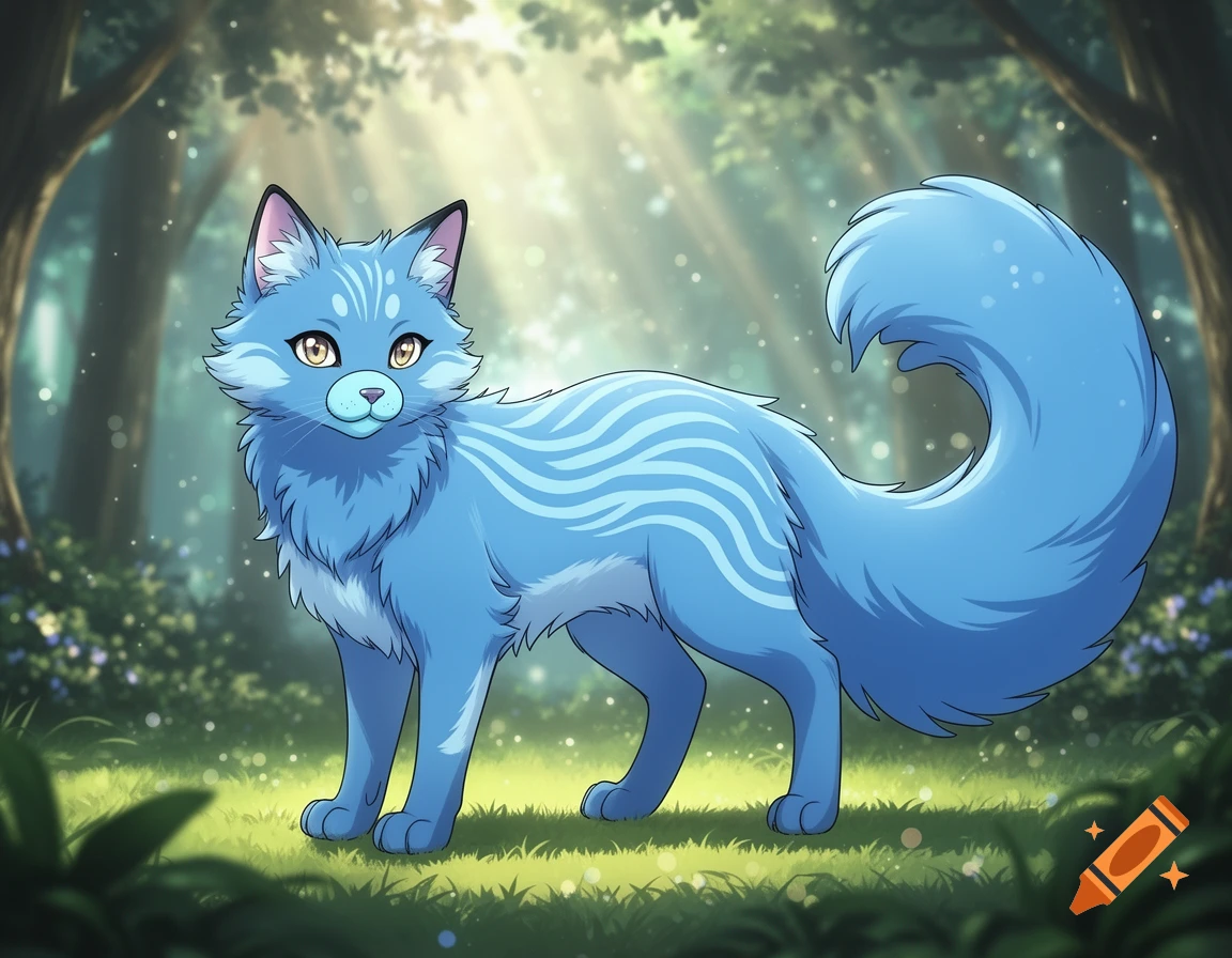 An anime-style blue hybrid cat-fox with light blue stripes and a fluffy tail stands in a sunlit forest.