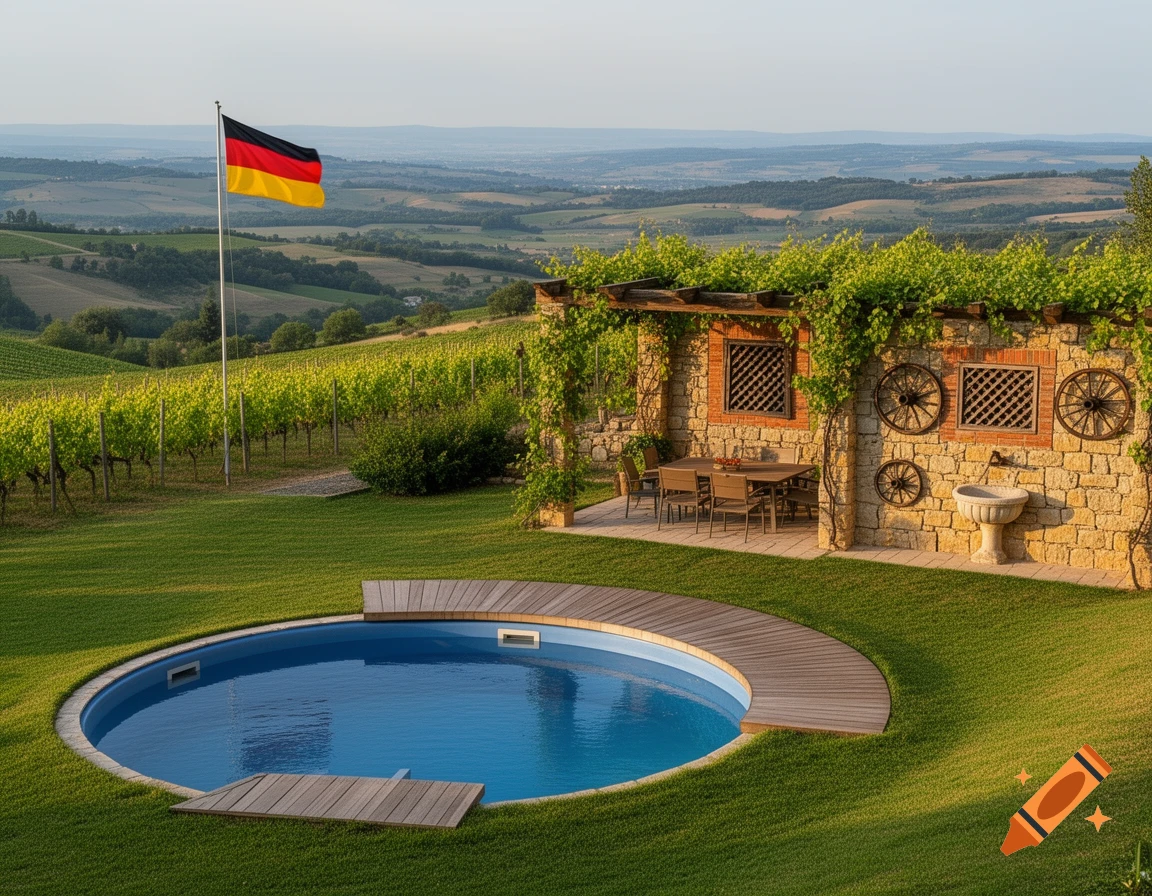 Scenic garden with a round pool, wooden deck, stone pergola, and a German flag flying over rolling vineyards.