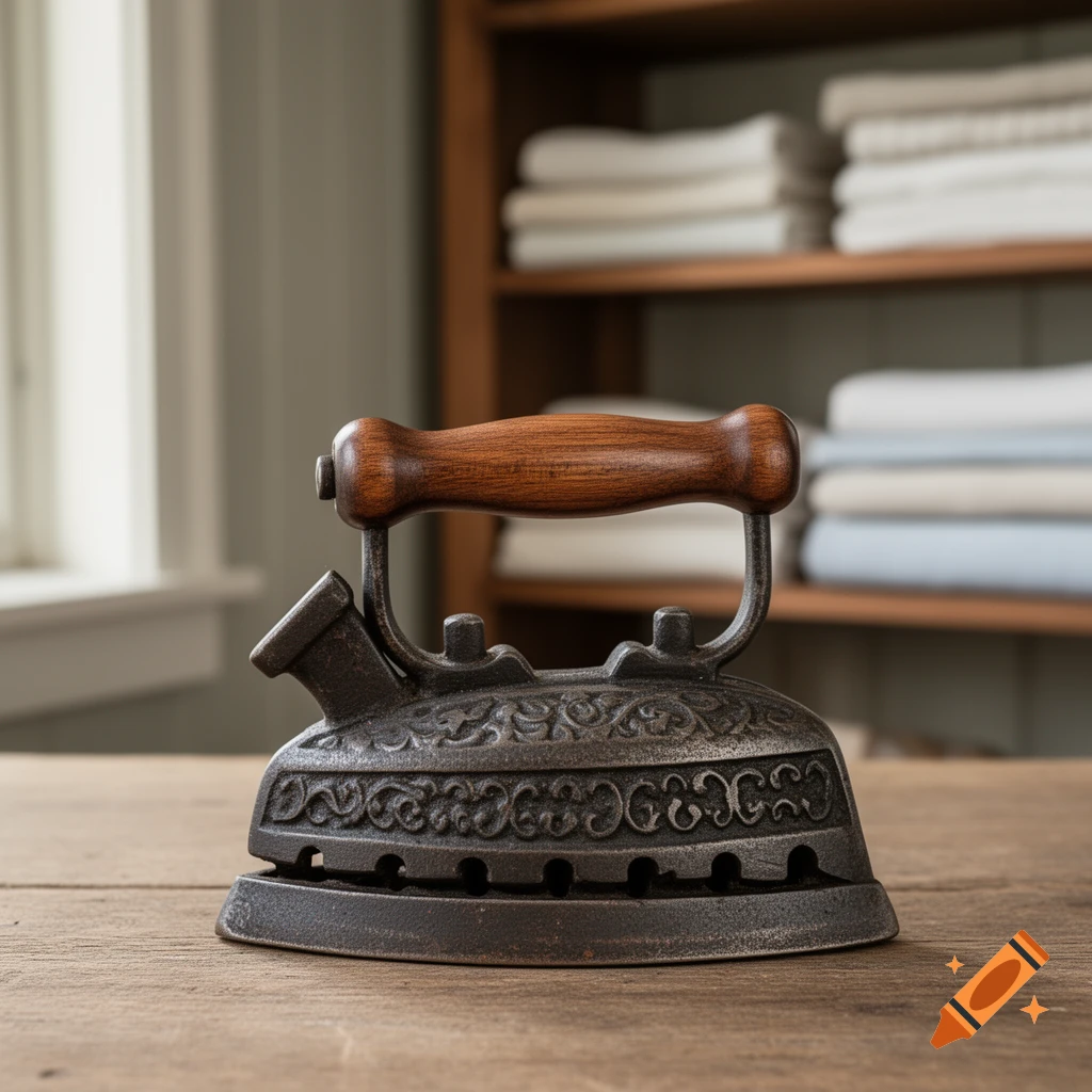 A dark, ornate cast iron antique clothes iron with a wooden handle sits on a wooden table, with shelves of linens in the blurred background.