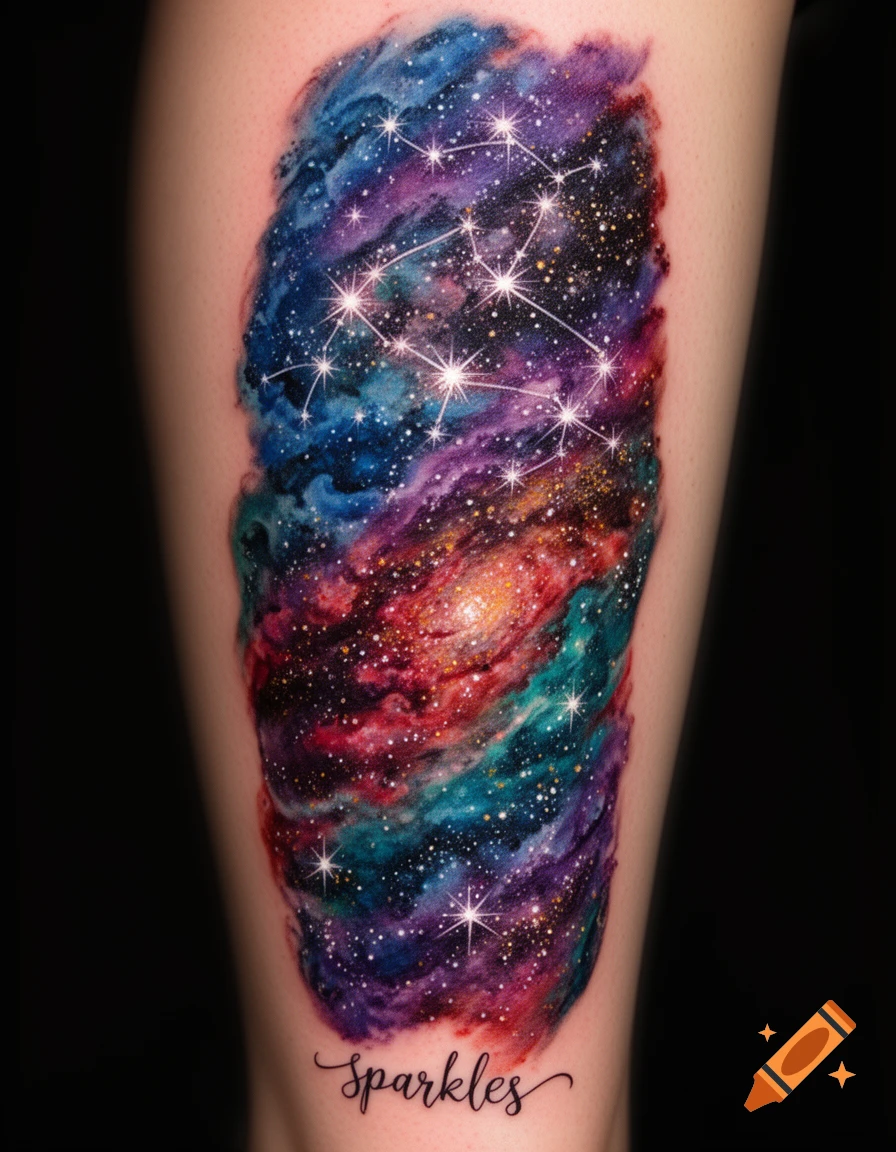 Colorful galaxy and star constellation tattoo with 'Sparkles' text on a leg.