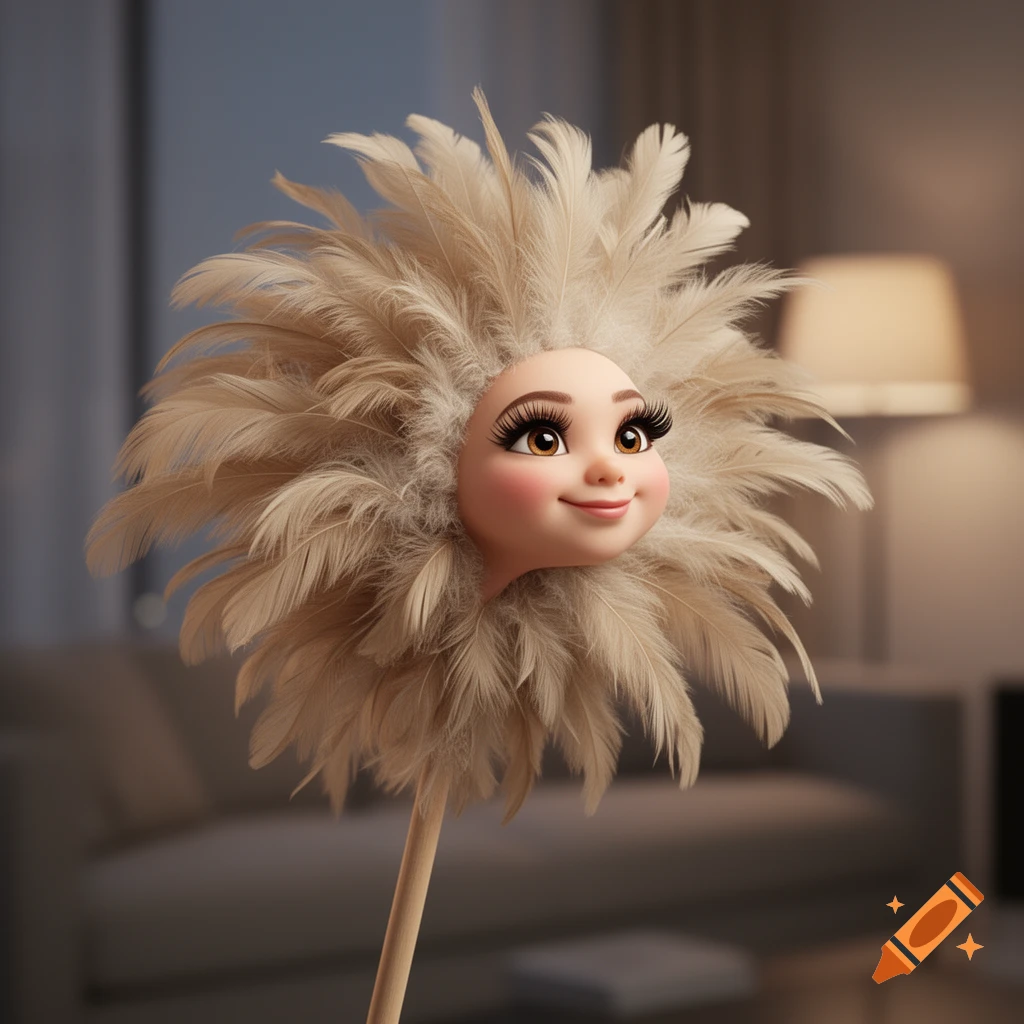 A whimsical feather duster with a cute, smiling cartoon-style female face and long eyelashes, set against a blurred indoor background.