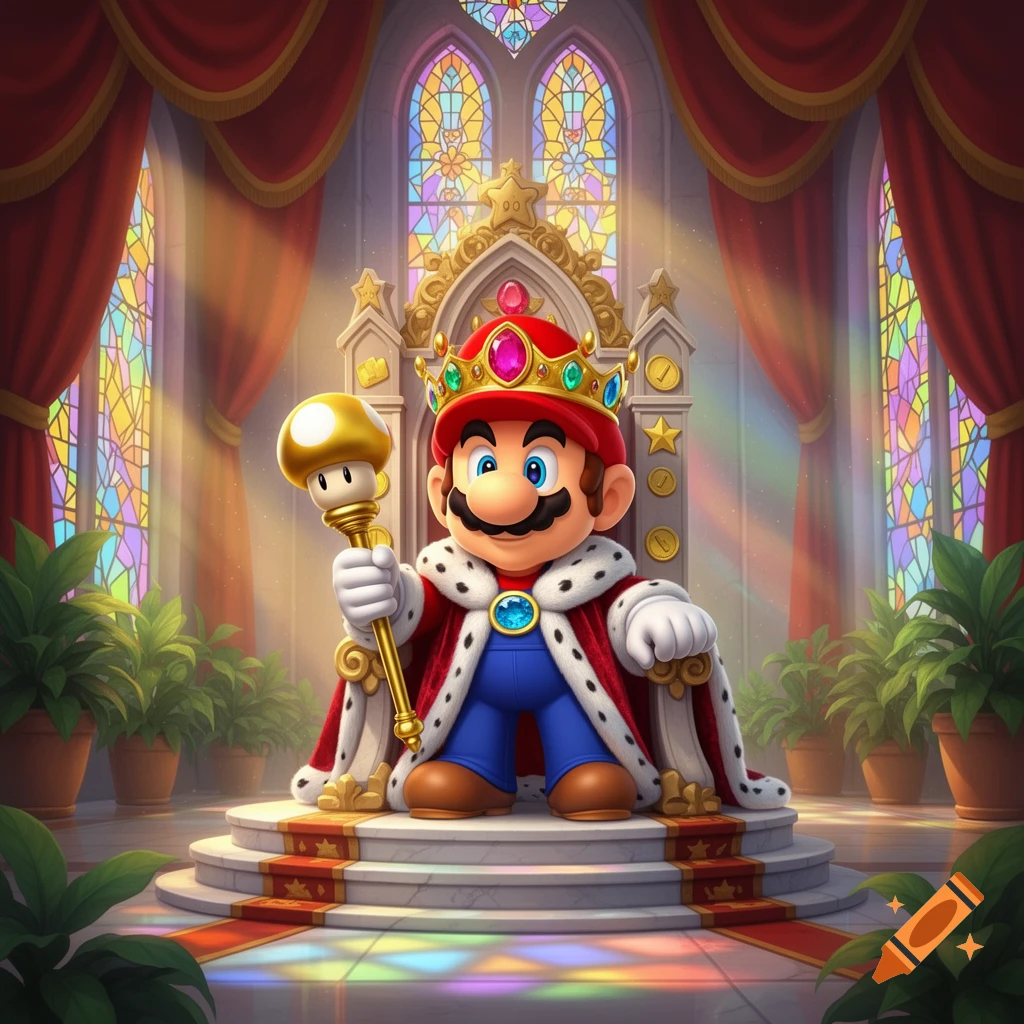 Mario as a king, wearing a jeweled crown and a red and white robe, holding a golden mushroom scepter on a throne in a vibrant royal hall.