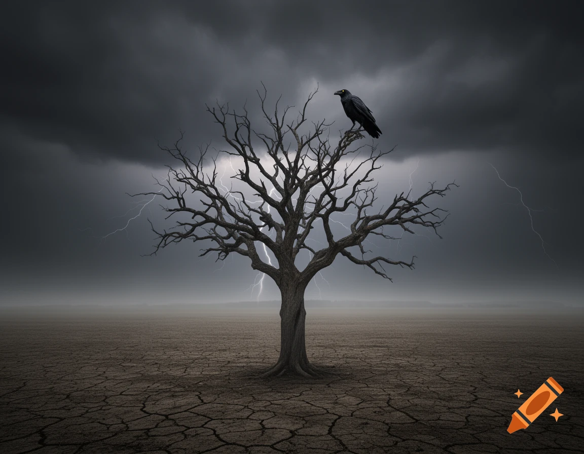 A black crow perches on a bare tree in a desolate, cracked earth landscape under a dark, stormy sky with lightning.