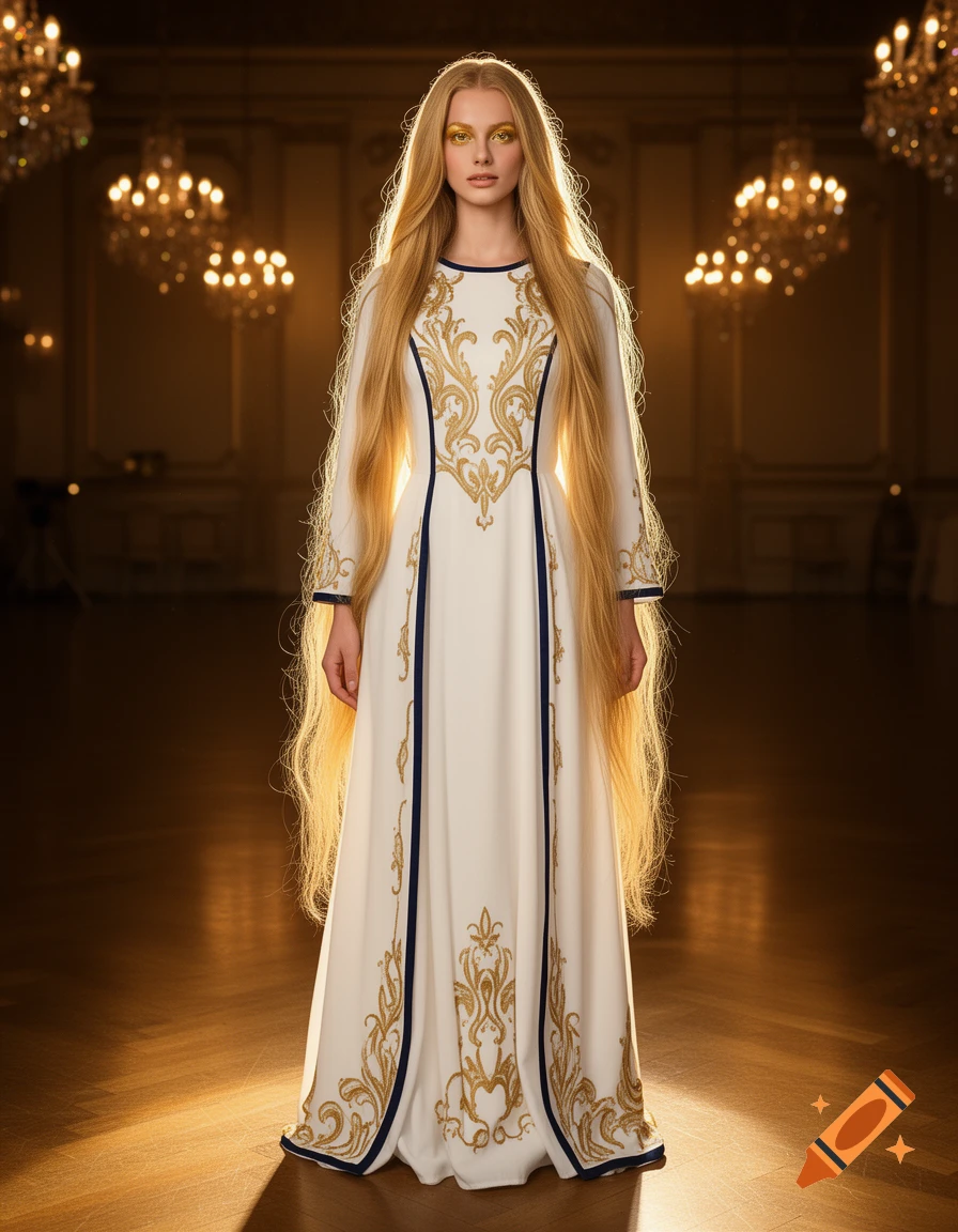 A woman with very long golden hair, gold eye makeup, and a white dress with gold and blue embroidery, stands in a dimly lit ballroom.