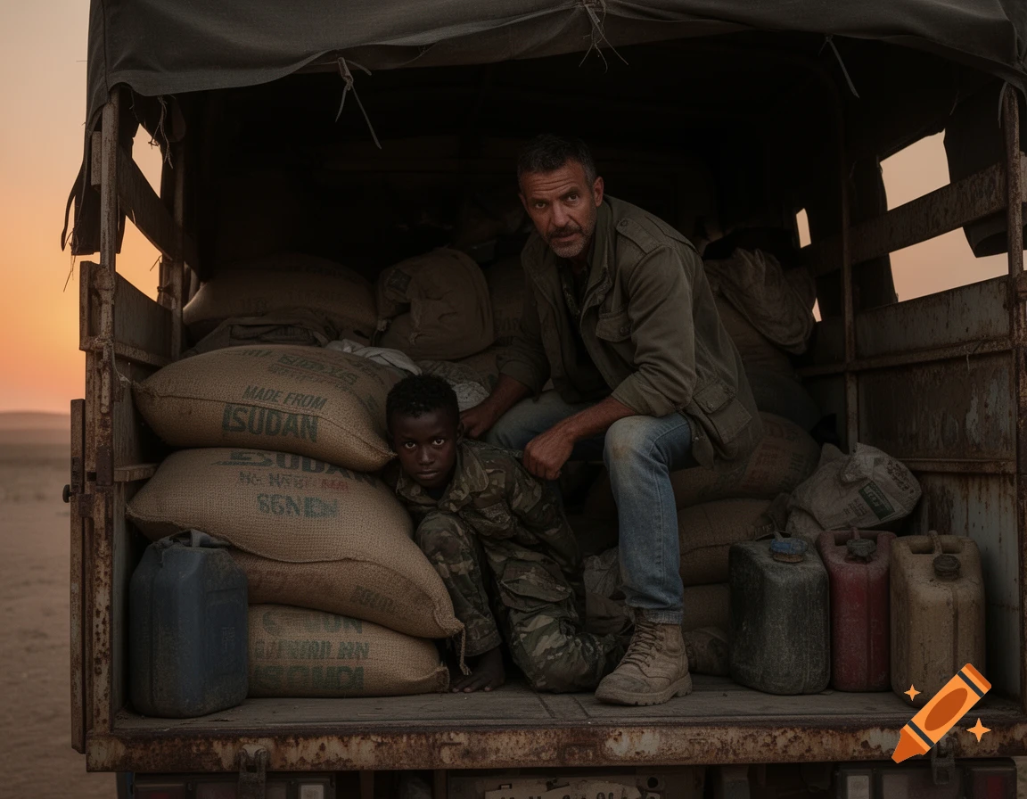 A man and a child, looking directly at the camera, sit inside a truck packed with large sacks, against a desert sunset.