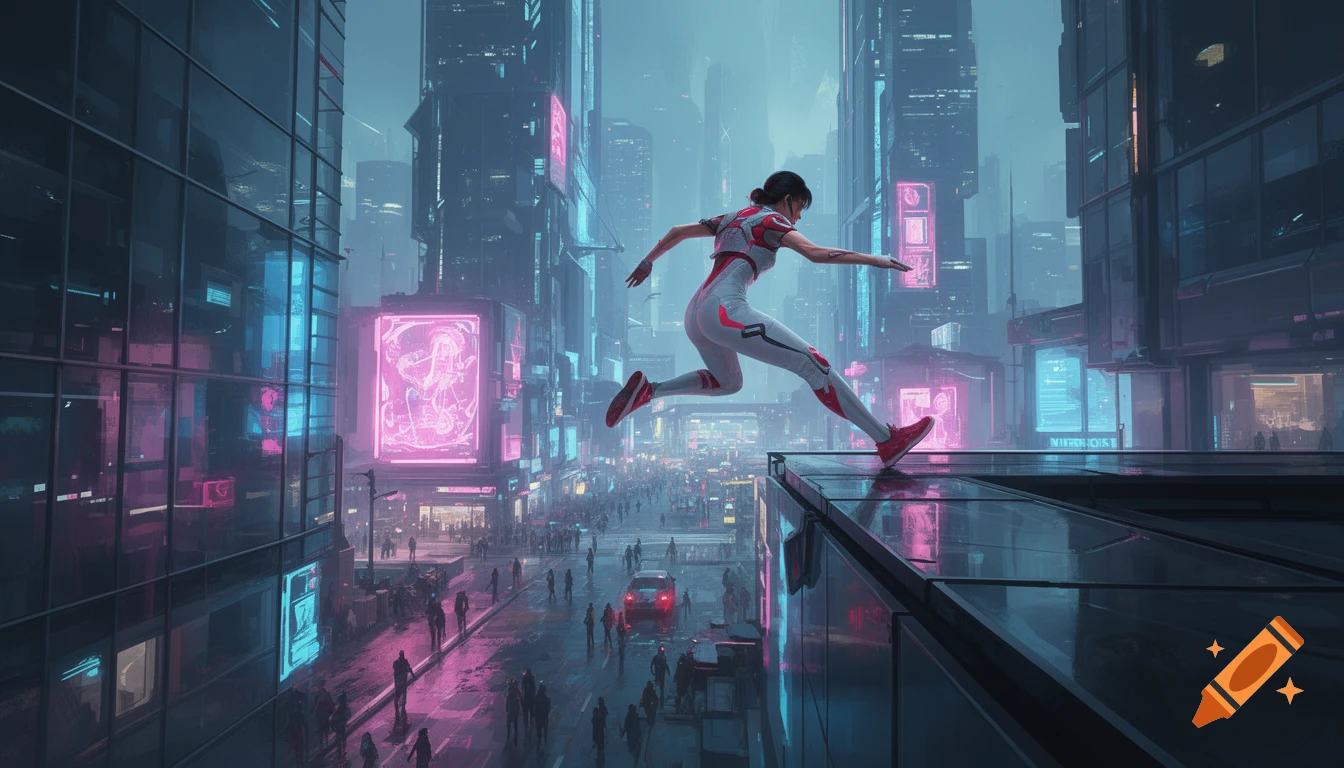 A woman in a white and red suit jumps across rooftops in a vibrant, neon-lit cyberpunk city, inspired by Mirror's Edge.