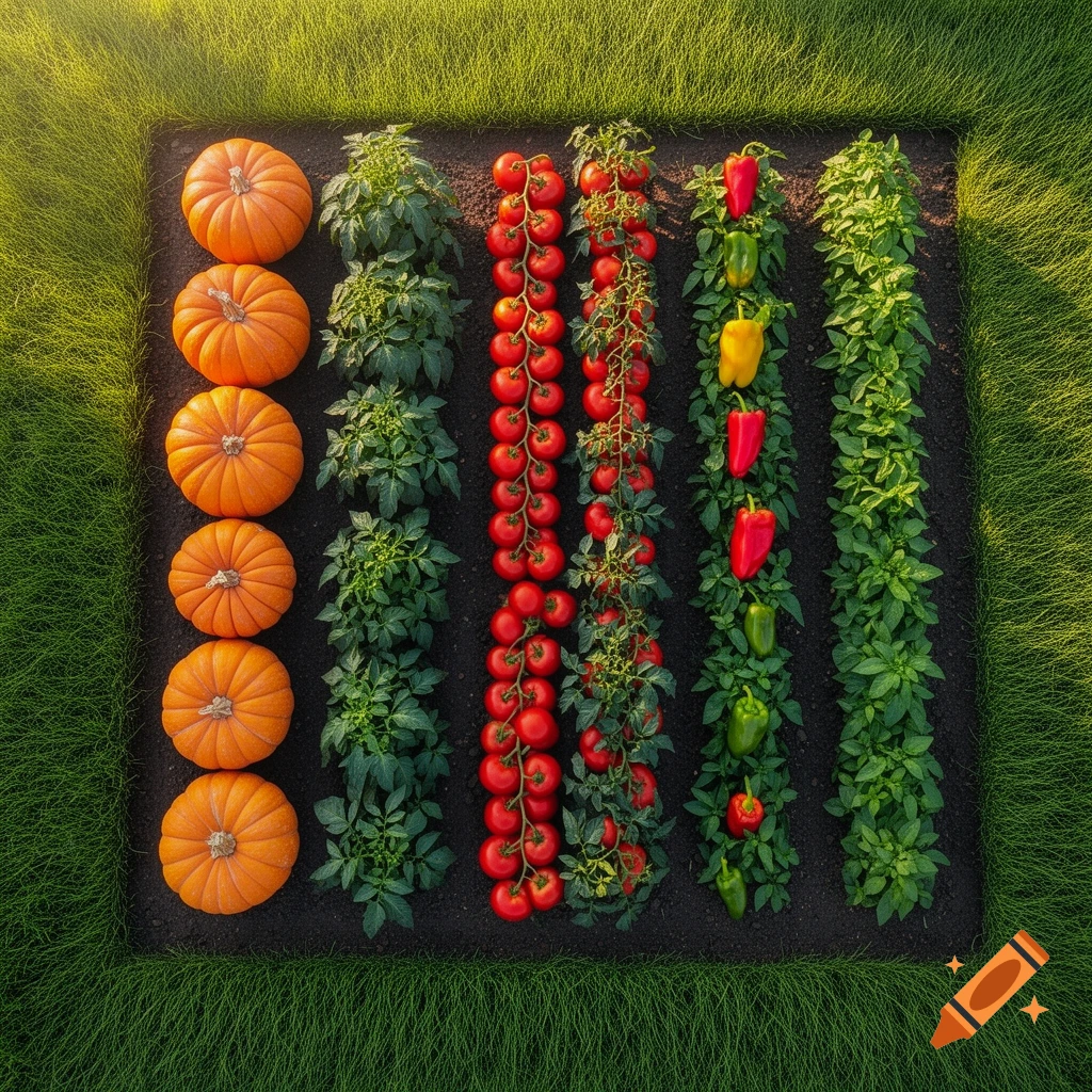 Aerial view of a rectangular garden plot with neat rows of pumpkins, tomatoes, bell peppers, and green leafy plants, surrounded by lush grass.