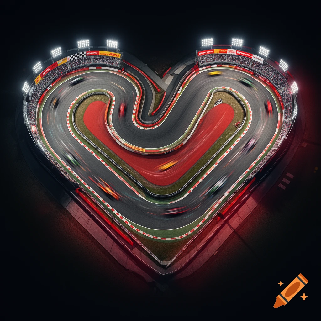 Aerial view of a heart-shaped Formula 1 race track at night, with multiple race cars in motion blur.