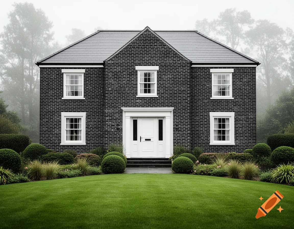 A two-story black brick house with white windows and a white front door, set on a green lawn with shrubs against a misty treeline.