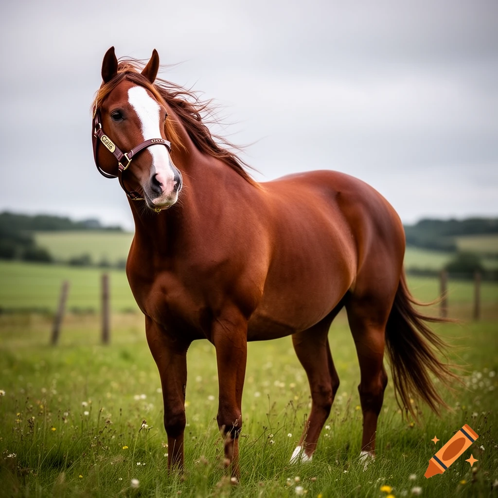 A beautiful brown horse with a white blaze and a halter stands in a grassy field under a cloudy sky.