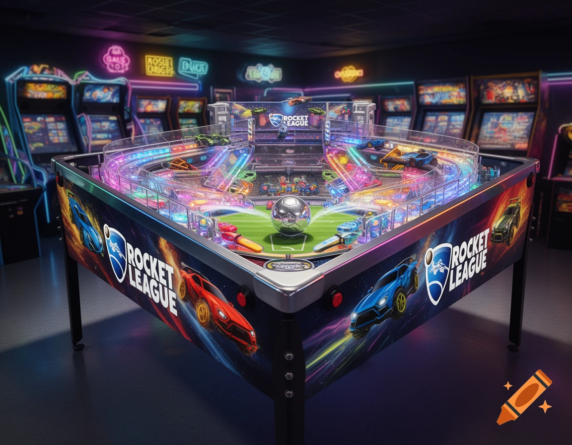 Vibrant Rocket League themed pinball machine glowing with neon lights in an arcade with other game cabinets.