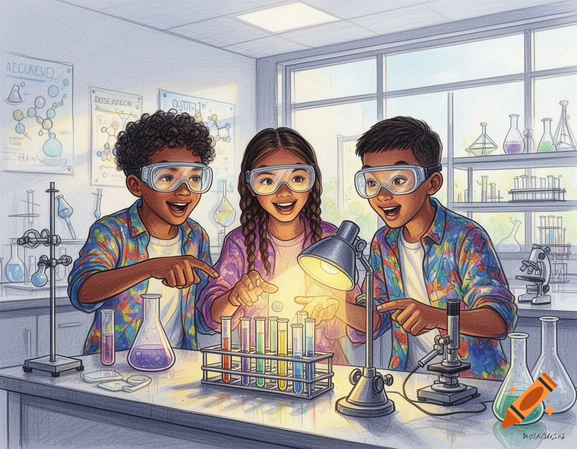 Three diverse middle school students in a science lab, wearing goggles and pointing excitedly at glowing test tubes on a table. Color sketch style.