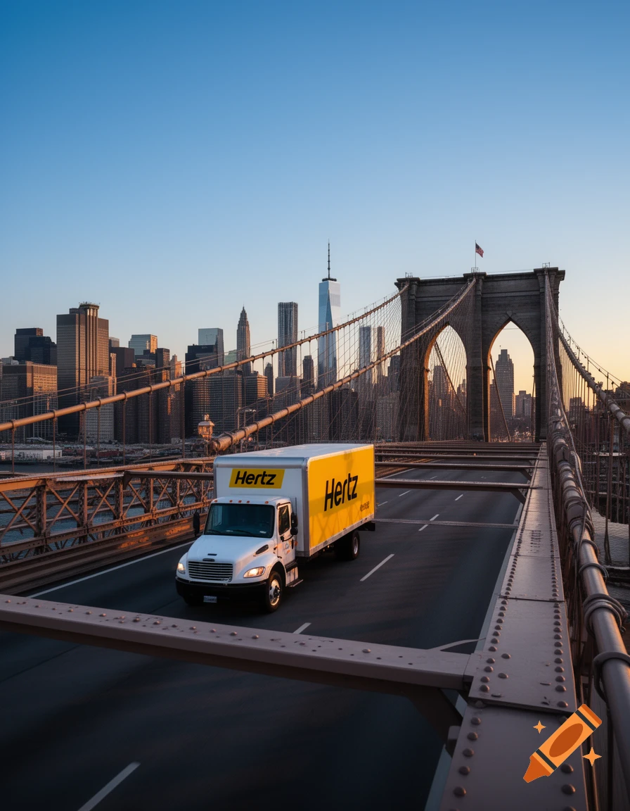 A white Hertz truck crosses the Brooklyn Bridge with the New York City skyline in the background at sunrise.